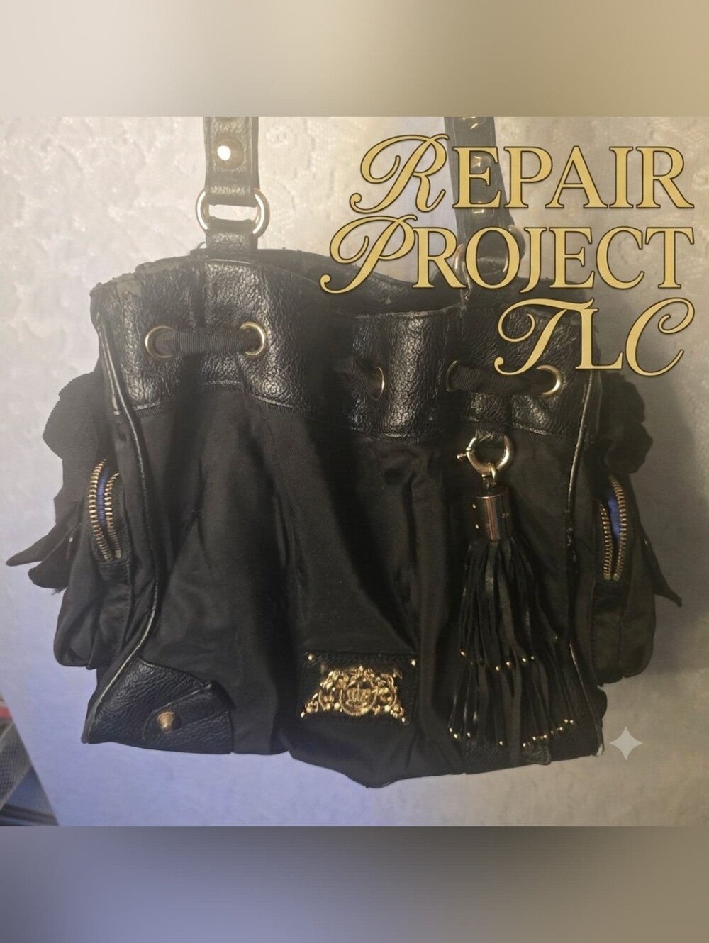 Vintage Juicy Couture Black Leather Tassel Bag Charm / Purse for Repair TLC READ